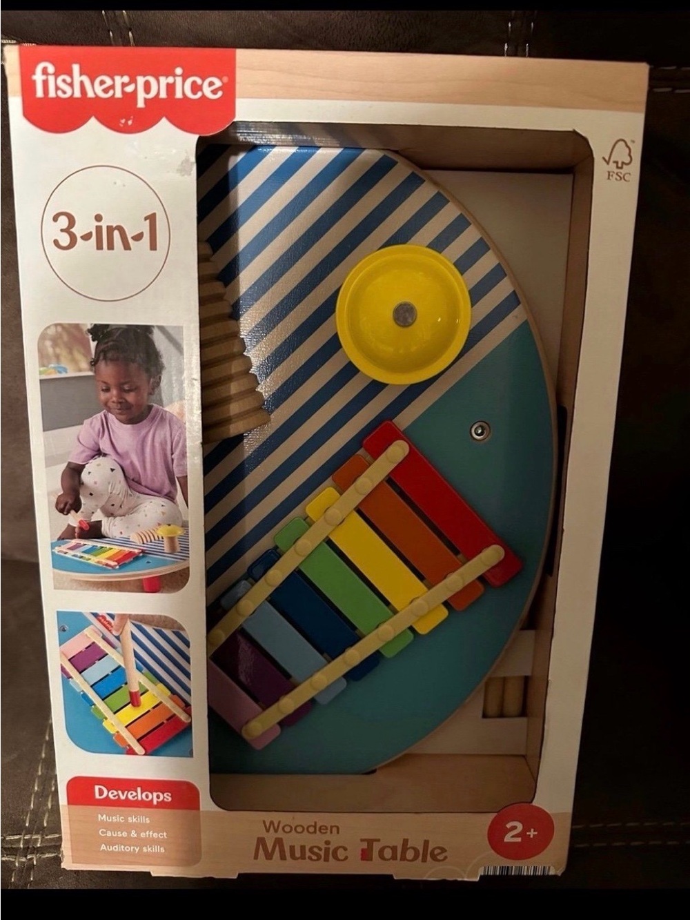 Fisher-Price Kids 3-in-1 Wooden Music Table - Blue with Rainbow Xylophone
